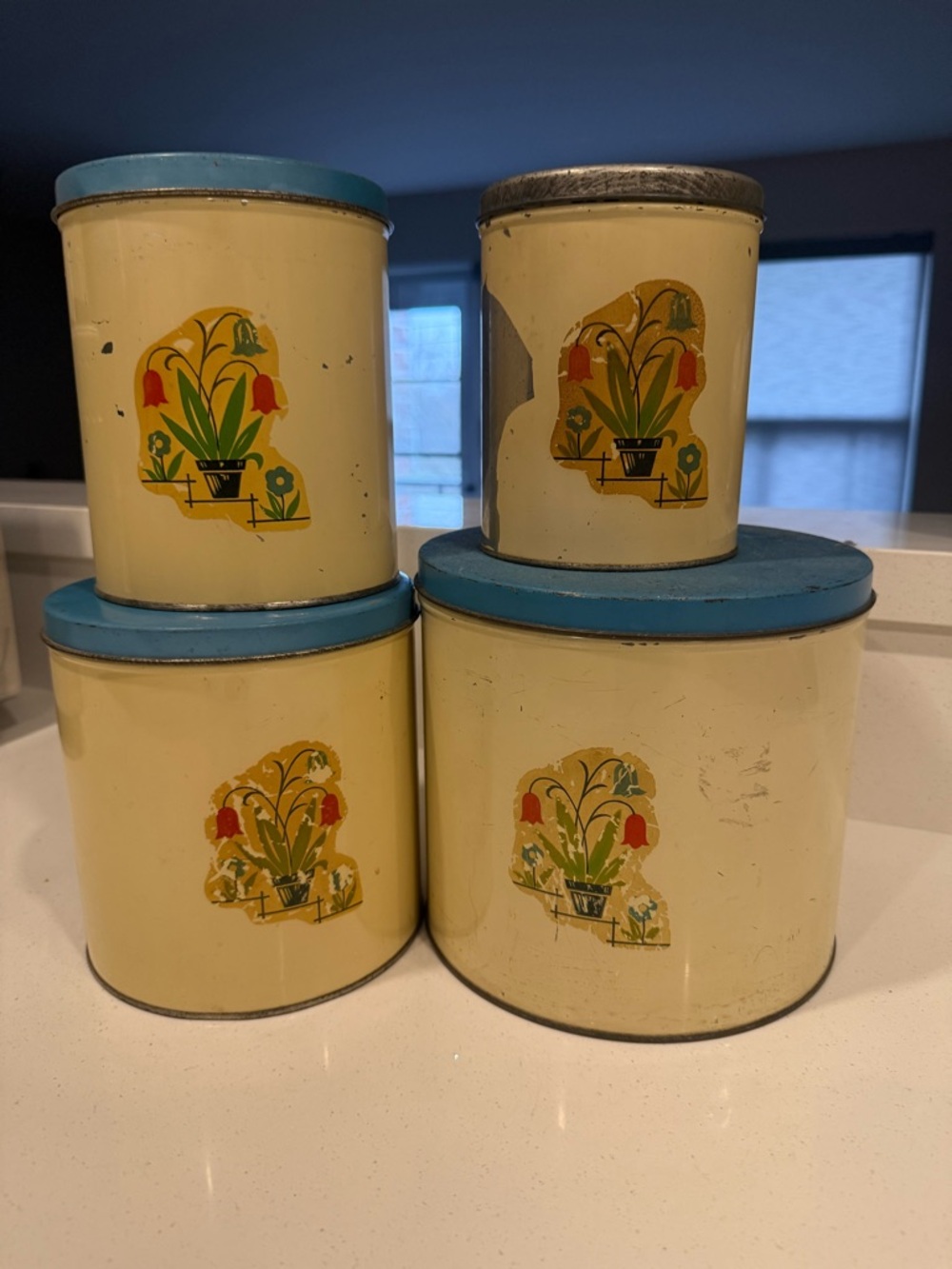 Vintage-Inspired Cream & Blue Metal Food Storage Canister Set